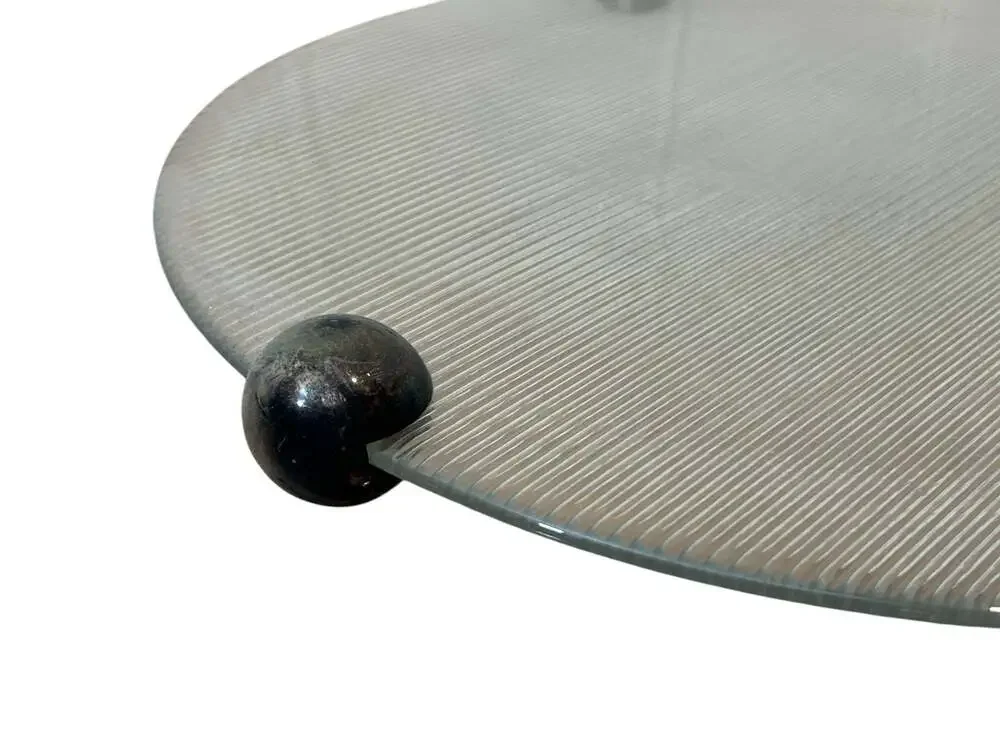 Vintage 1970s Smoked Ribbed Glass Tray with Metal Ball Feet